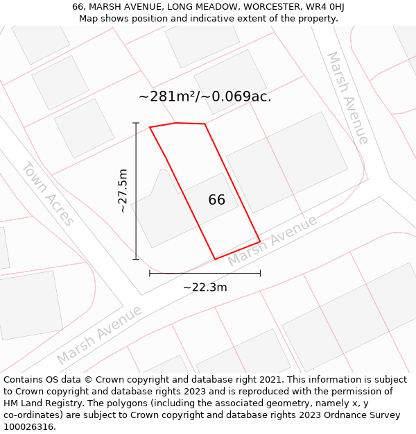66, MARSH AVENUE, LONG MEADOW, WORCESTER, WR4 0HJ: Plot and title map