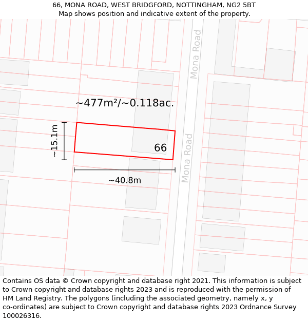 66, MONA ROAD, WEST BRIDGFORD, NOTTINGHAM, NG2 5BT: Plot and title map