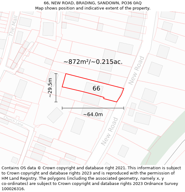 66, NEW ROAD, BRADING, SANDOWN, PO36 0AQ: Plot and title map