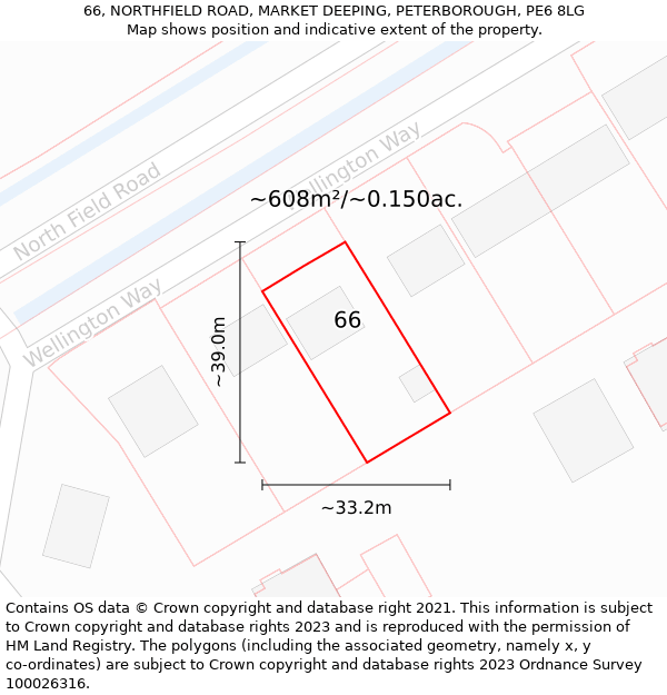 66, NORTHFIELD ROAD, MARKET DEEPING, PETERBOROUGH, PE6 8LG: Plot and title map