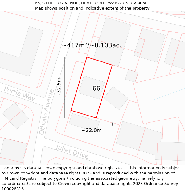 66, OTHELLO AVENUE, HEATHCOTE, WARWICK, CV34 6ED: Plot and title map