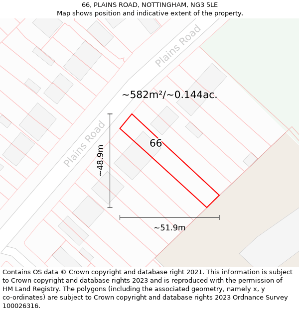 66, PLAINS ROAD, NOTTINGHAM, NG3 5LE: Plot and title map