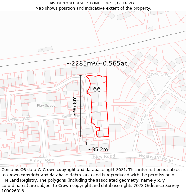 66, RENARD RISE, STONEHOUSE, GL10 2BT: Plot and title map