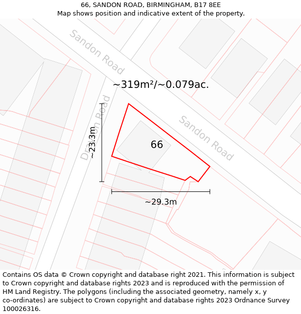 66, SANDON ROAD, BIRMINGHAM, B17 8EE: Plot and title map