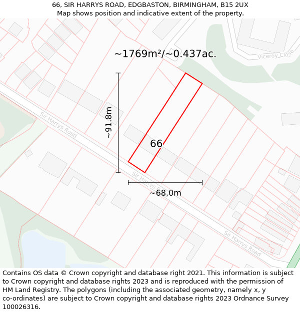 66, SIR HARRYS ROAD, EDGBASTON, BIRMINGHAM, B15 2UX: Plot and title map