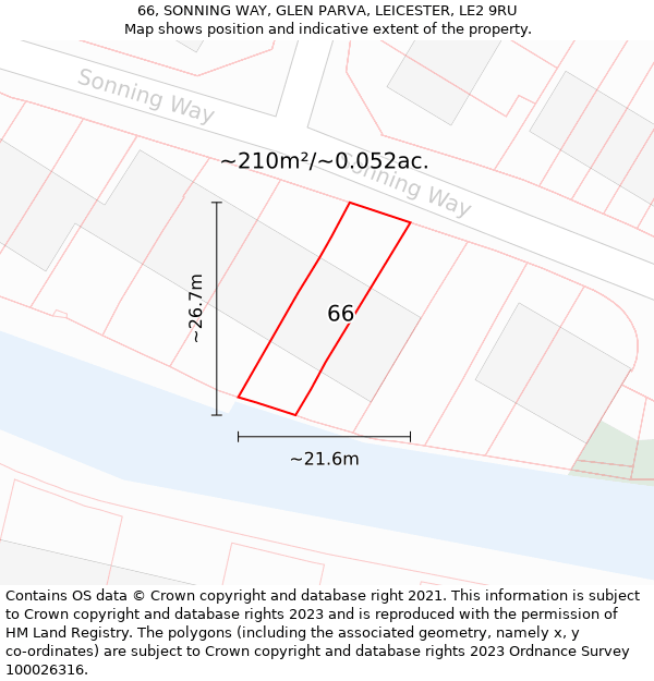 66, SONNING WAY, GLEN PARVA, LEICESTER, LE2 9RU: Plot and title map