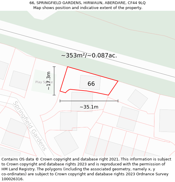 66, SPRINGFIELD GARDENS, HIRWAUN, ABERDARE, CF44 9LQ: Plot and title map