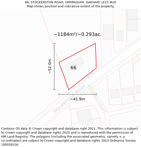 66, STOCKERSTON ROAD, UPPINGHAM, OAKHAM, LE15 9UD: Plot and title map