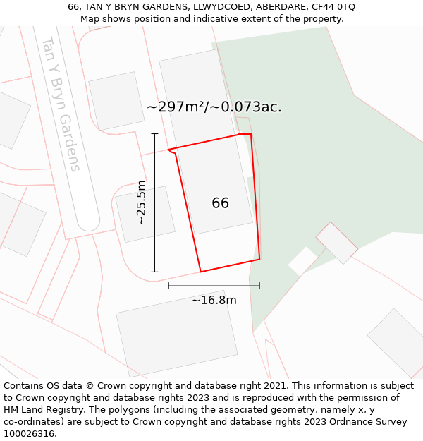 66, TAN Y BRYN GARDENS, LLWYDCOED, ABERDARE, CF44 0TQ: Plot and title map