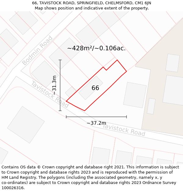 66, TAVISTOCK ROAD, SPRINGFIELD, CHELMSFORD, CM1 6JN: Plot and title map