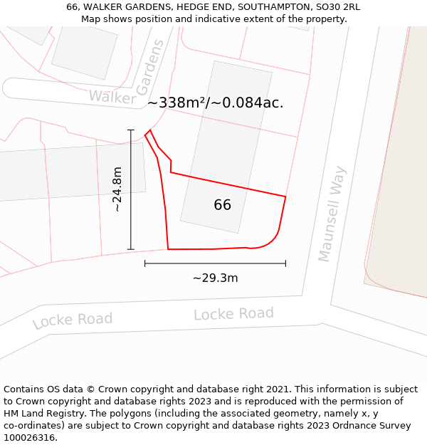 66, WALKER GARDENS, HEDGE END, SOUTHAMPTON, SO30 2RL: Plot and title map