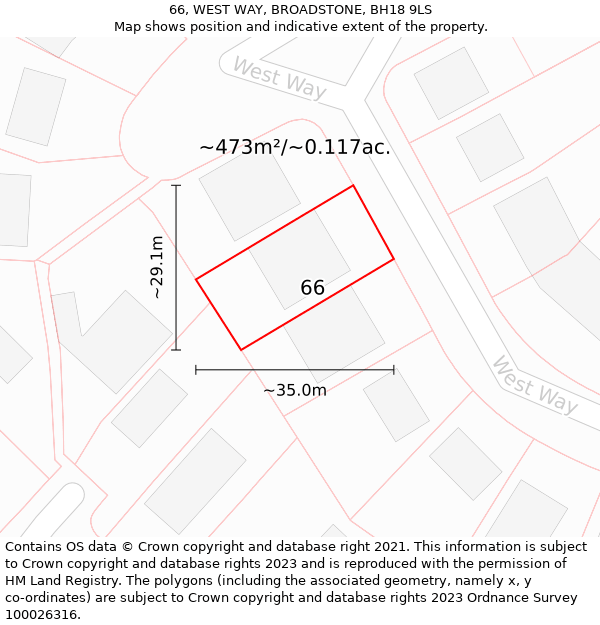 66, WEST WAY, BROADSTONE, BH18 9LS: Plot and title map