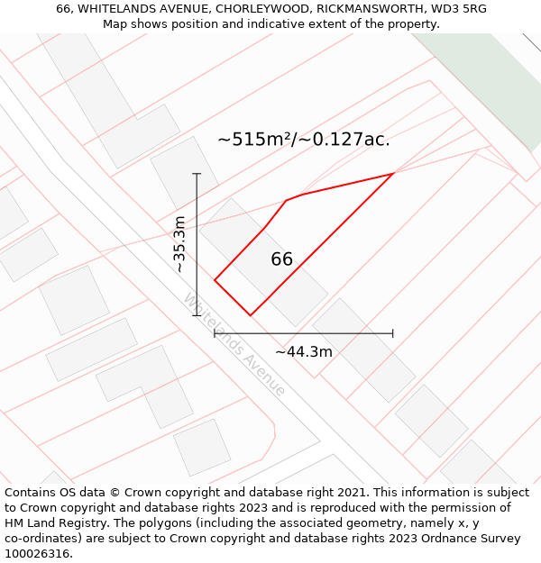 66, WHITELANDS AVENUE, CHORLEYWOOD, RICKMANSWORTH, WD3 5RG: Plot and title map