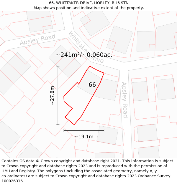 66, WHITTAKER DRIVE, HORLEY, RH6 9TN: Plot and title map