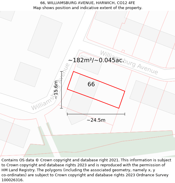 66, WILLIAMSBURG AVENUE, HARWICH, CO12 4FE: Plot and title map