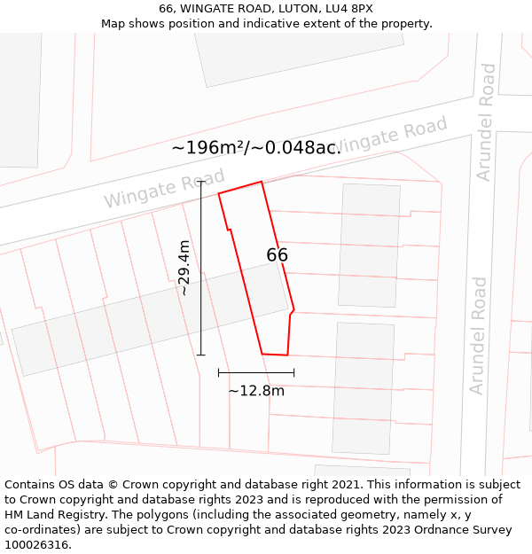 66, WINGATE ROAD, LUTON, LU4 8PX: Plot and title map