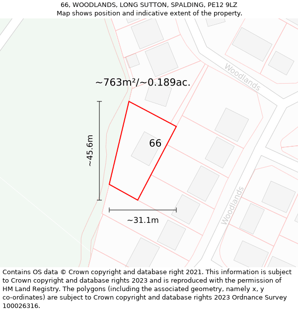 66, WOODLANDS, LONG SUTTON, SPALDING, PE12 9LZ: Plot and title map