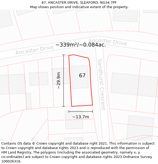 67, ANCASTER DRIVE, SLEAFORD, NG34 7PF: Plot and title map