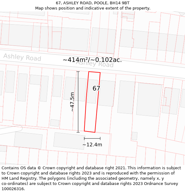 67, ASHLEY ROAD, POOLE, BH14 9BT: Plot and title map