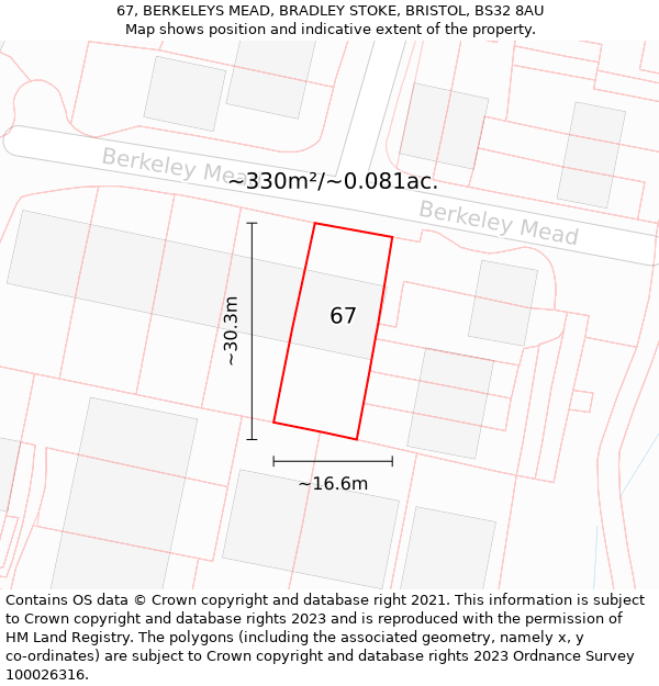 67, BERKELEYS MEAD, BRADLEY STOKE, BRISTOL, BS32 8AU: Plot and title map