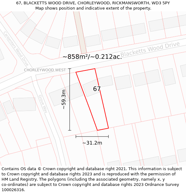 67, BLACKETTS WOOD DRIVE, CHORLEYWOOD, RICKMANSWORTH, WD3 5PY: Plot and title map