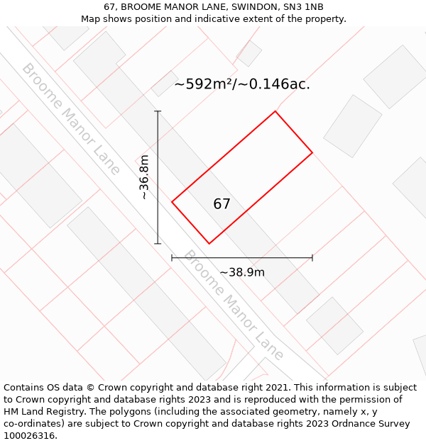 67, BROOME MANOR LANE, SWINDON, SN3 1NB: Plot and title map