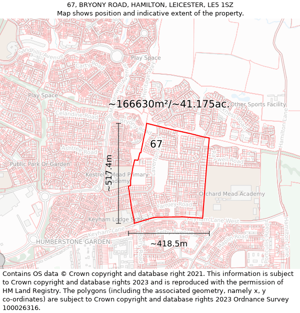 67, BRYONY ROAD, HAMILTON, LEICESTER, LE5 1SZ: Plot and title map