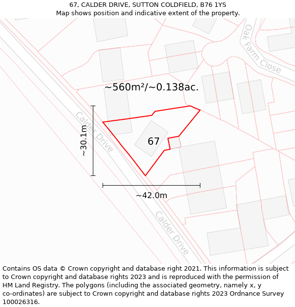 67, CALDER DRIVE, SUTTON COLDFIELD, B76 1YS: Plot and title map