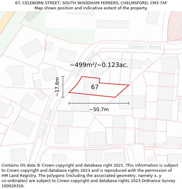 67, CELEBORN STREET, SOUTH WOODHAM FERRERS, CHELMSFORD, CM3 7AF: Plot and title map