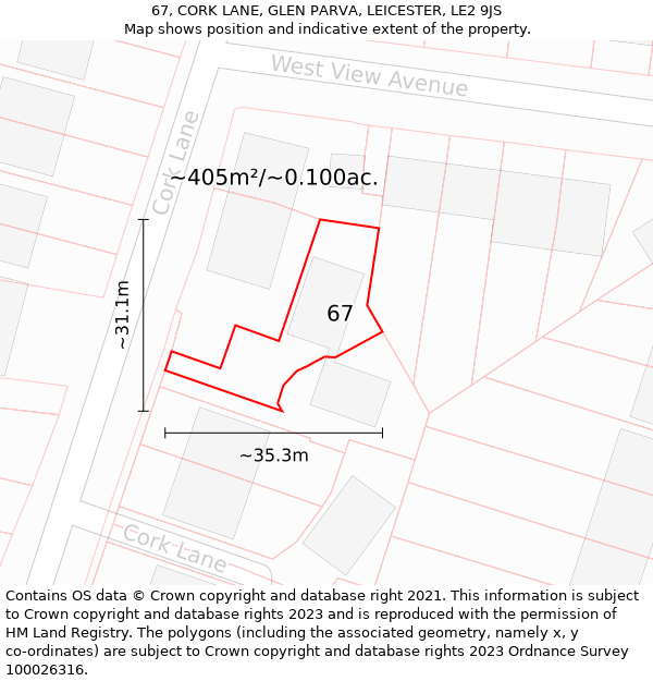 67, CORK LANE, GLEN PARVA, LEICESTER, LE2 9JS: Plot and title map