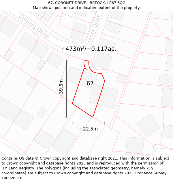 67, CORONET DRIVE, IBSTOCK, LE67 6QG: Plot and title map