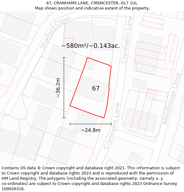 67, CRANHAMS LANE, CIRENCESTER, GL7 1UL: Plot and title map