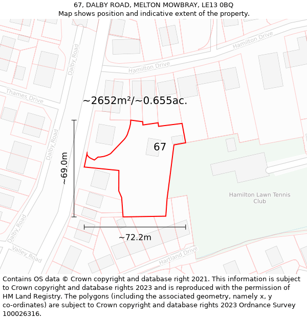 67, DALBY ROAD, MELTON MOWBRAY, LE13 0BQ: Plot and title map