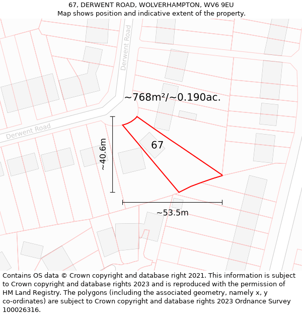 67, DERWENT ROAD, WOLVERHAMPTON, WV6 9EU: Plot and title map