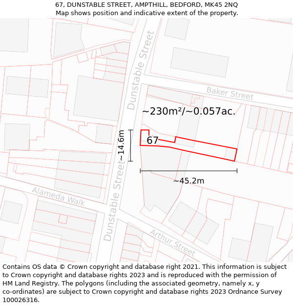 67, DUNSTABLE STREET, AMPTHILL, BEDFORD, MK45 2NQ: Plot and title map