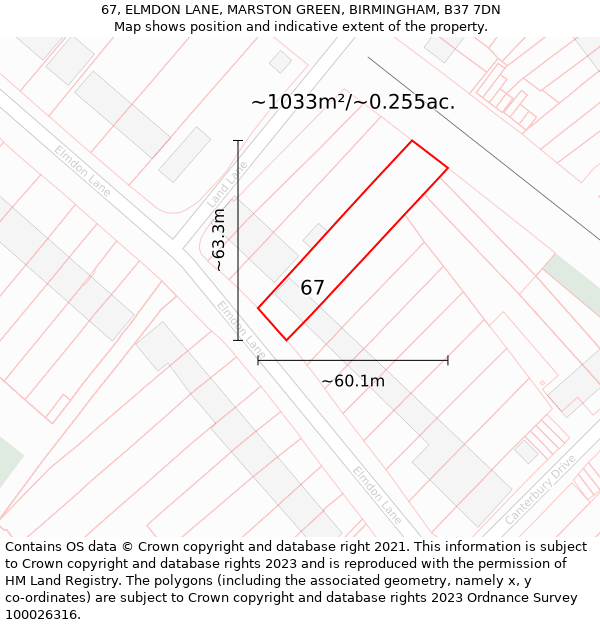 67, ELMDON LANE, MARSTON GREEN, BIRMINGHAM, B37 7DN: Plot and title map