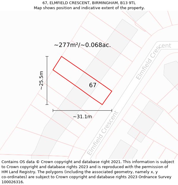 67, ELMFIELD CRESCENT, BIRMINGHAM, B13 9TL: Plot and title map