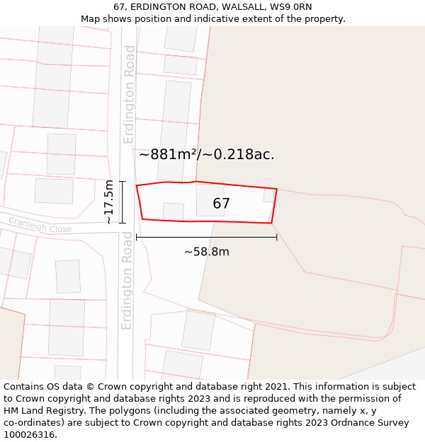 67, ERDINGTON ROAD, WALSALL, WS9 0RN: Plot and title map