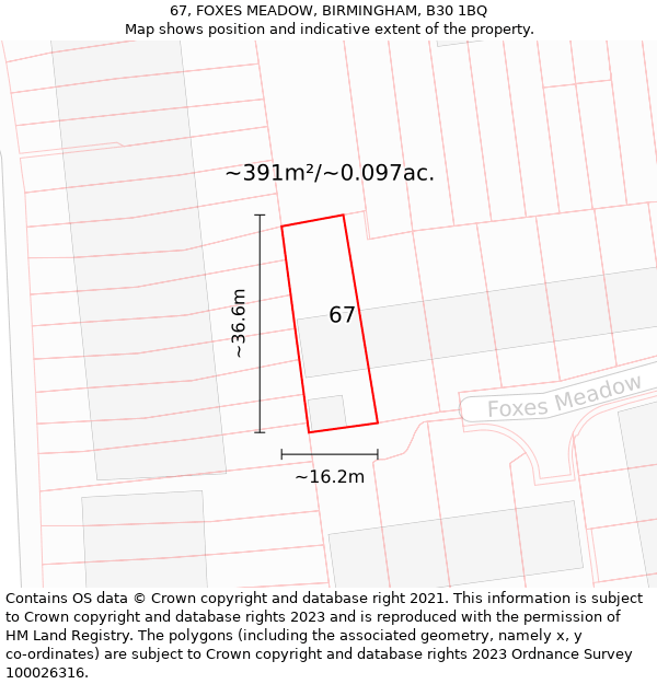 67, FOXES MEADOW, BIRMINGHAM, B30 1BQ: Plot and title map