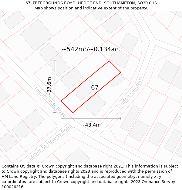 67, FREEGROUNDS ROAD, HEDGE END, SOUTHAMPTON, SO30 0HS: Plot and title map