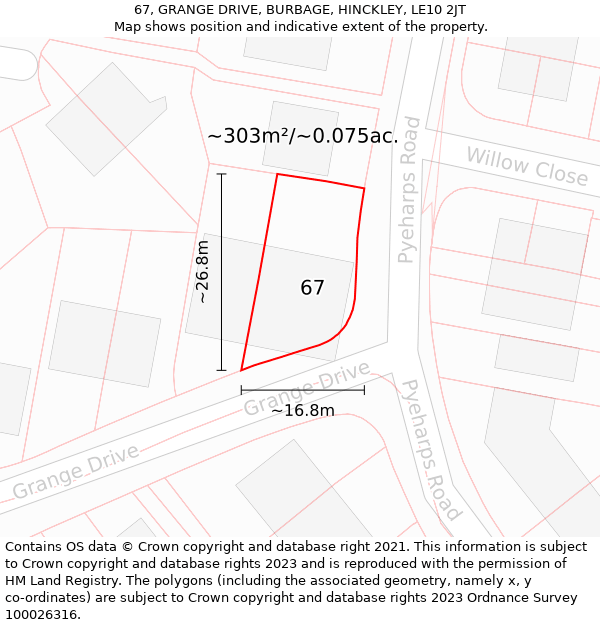 67, GRANGE DRIVE, BURBAGE, HINCKLEY, LE10 2JT: Plot and title map