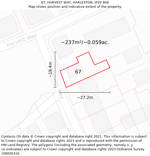 67, HARVEST WAY, HARLESTON, IP20 9GE: Plot and title map