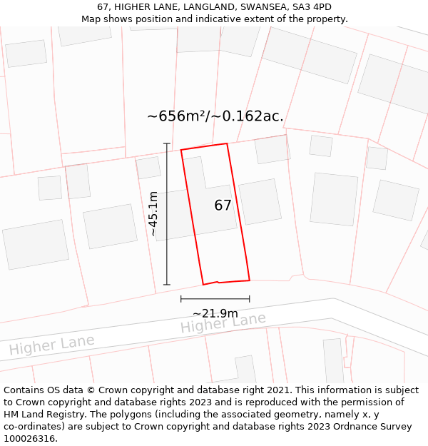 67, HIGHER LANE, LANGLAND, SWANSEA, SA3 4PD: Plot and title map