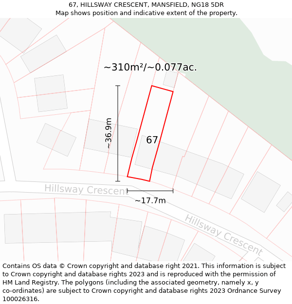 67, HILLSWAY CRESCENT, MANSFIELD, NG18 5DR: Plot and title map