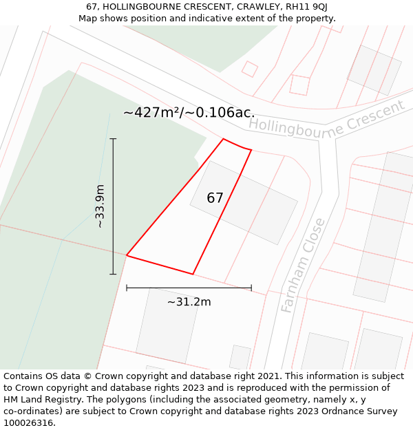 67, HOLLINGBOURNE CRESCENT, CRAWLEY, RH11 9QJ: Plot and title map