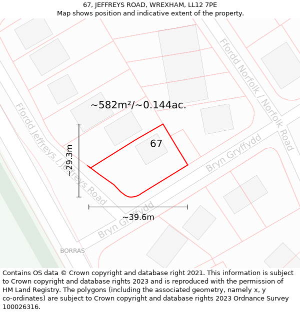 67, JEFFREYS ROAD, WREXHAM, LL12 7PE: Plot and title map