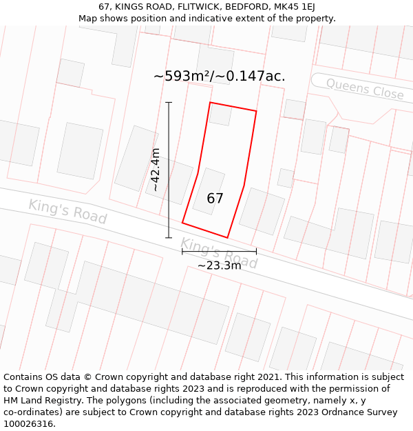 67, KINGS ROAD, FLITWICK, BEDFORD, MK45 1EJ: Plot and title map