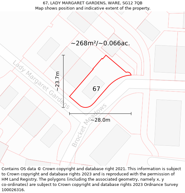 67, LADY MARGARET GARDENS, WARE, SG12 7QB: Plot and title map