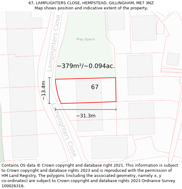 67, LAMPLIGHTERS CLOSE, HEMPSTEAD, GILLINGHAM, ME7 3NZ: Plot and title map