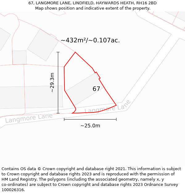 67, LANGMORE LANE, LINDFIELD, HAYWARDS HEATH, RH16 2BD: Plot and title map